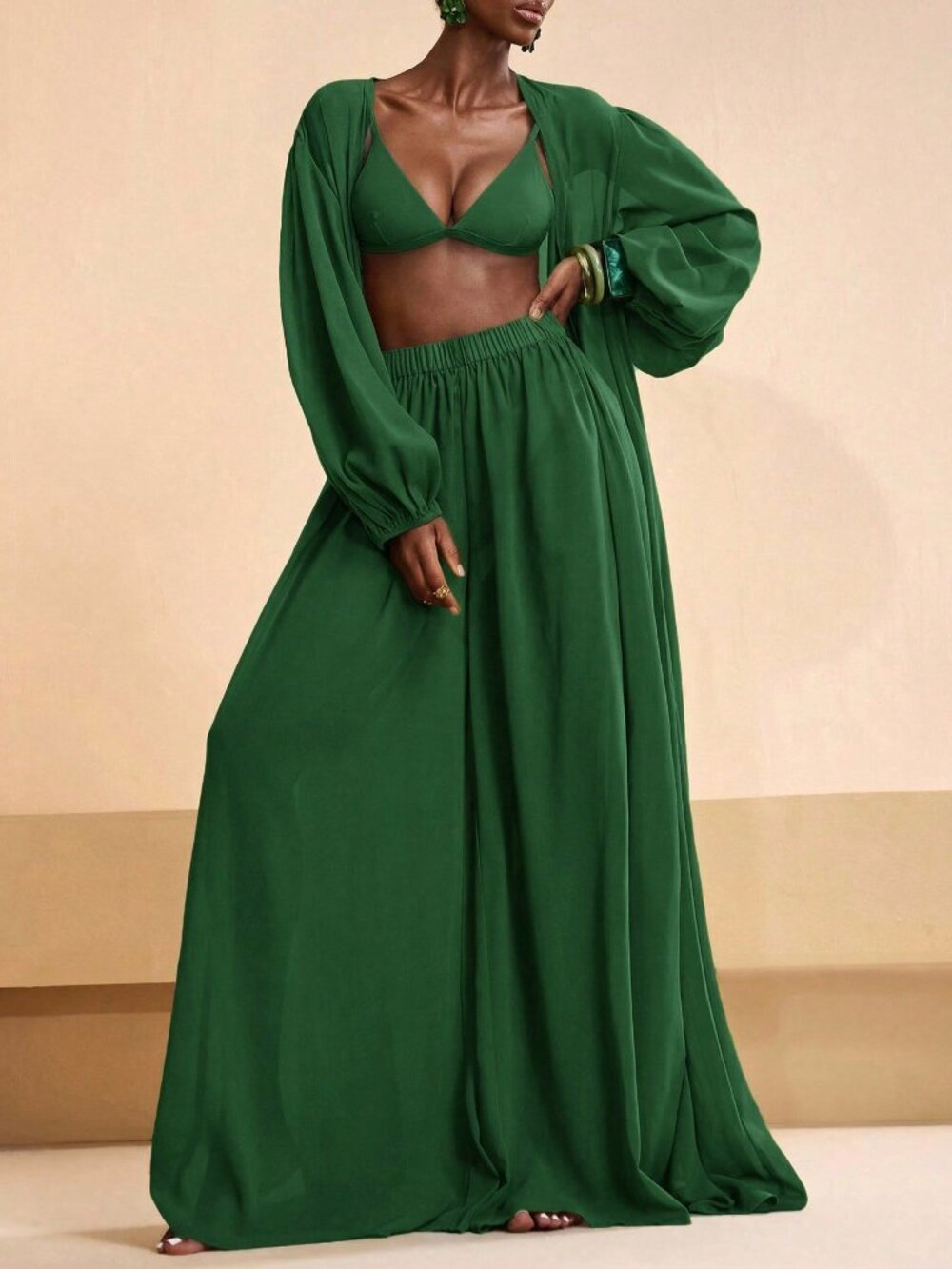 Green Women's Pleated Robe And Wide Leg Pants Set - Picture 4 of 7